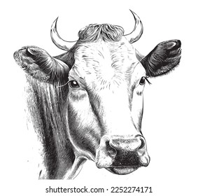 Retrato de la cabeza de vaca dibujado a mano dibujo grabado dibujo de dibujo ilustración Vector.