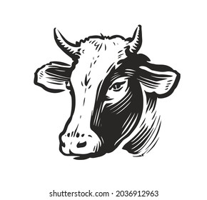 Cow head portrait logo. Dairy products, beef symbol. Farm animals vector illustration