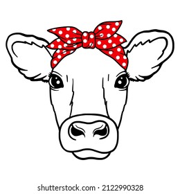 Cow head with red bandana with polka dots print. Farm Animal. Vector illustration isolated on white background. 