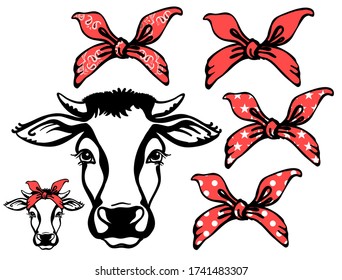 Cow head with red bandanas. Vector black graphic illustration isolated on white. Farm animal. Cow portrait printable file