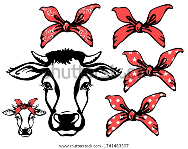 Cow\
head with red bandanas. Vector black graphic illustration isolated\
on white. Farm animal. Cow portrait printable\
file