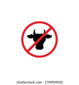 Cow head in red crossed circle. Vegan label. No Beef or milk symbol. Vector illustration isolated on  violet background. Lactose free