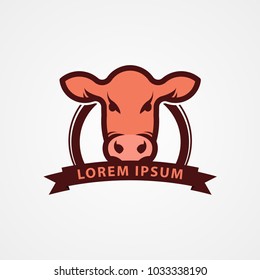 Cow head with ribbon for your text. Symbol. Beef farm concept. Vector illustration