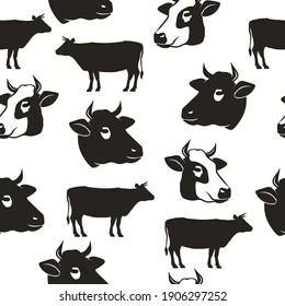 Cow head seamless pattern, silhouette of bull, beef backround