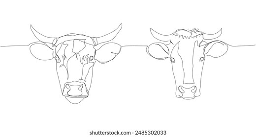 cow head set, bull, livestock, cattle, calf one line art. Continuous line drawing of farm, nature, agriculture, farm animals, rural life, ranch.