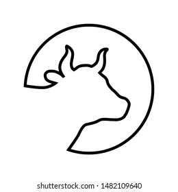 Cow head sign. Cow icon. Logo. Cow head contour in the circle isolated on black background. Vector illustration