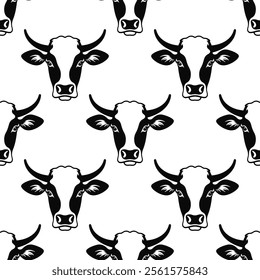 Cow Head Silhouette. Black and White Seamless Pattern vector illustration