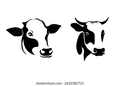 Cow head silhouette , Unique black and white illustrations of cow heads showcasing different features and expressions .