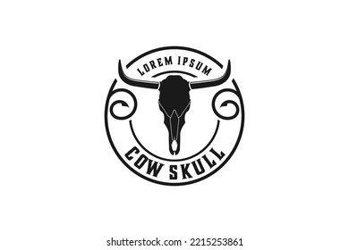 Cow head skull logo design rustic illustration horn vintage farm livestock icon symbol