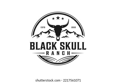 Cow Head skull logo design with mountain outdoor element