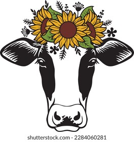 Cow Head with Sunflowers. Floral Wreath. Vector Illustration.