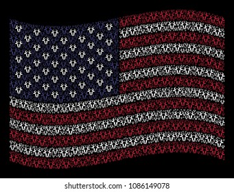 Cow head symbols are arranged into waving United States flag stylization on a dark background. Vector collage of USA state flag is designed from cow head elements.