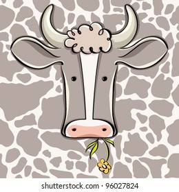 Cow head vector cartoon style icon with cow skin seamless pattern in background layer.