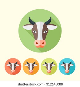 Cow head vector flat design style round icons with long shadow, cow face set of colored icons