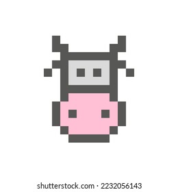 Cow head vector icon and logo. Goby and calf. Front view. Pixel art and point style.