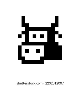 Cow head vector icon and logo. Goby and calf. Front view. Pixel art and point style.