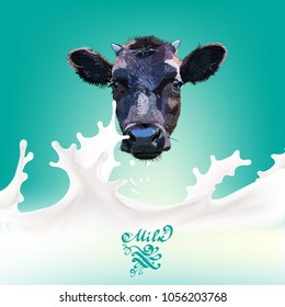 Cow head vector the milk flowing, in motion, splashing milk isolated 