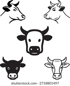 Conjunto de vetor de cabeça de vaca - Black and White Bull, gado e calf ícones de logotipo, silhuetas e esboços Coleção