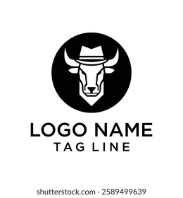 cow head wearing cowboy hat cartoon logo design for farm and retail professional business