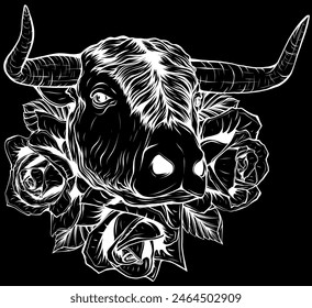 cow head in white line on black background