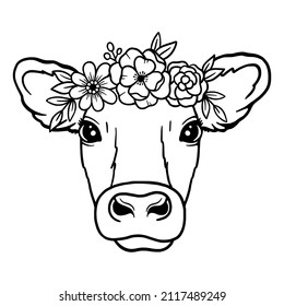Cow head wreath flowers  Farm Animal  Vector illustration isolated white background 