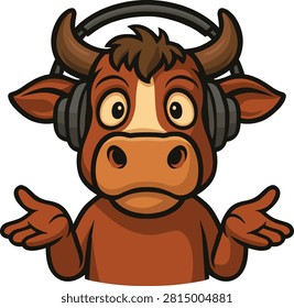 Cow with headphones looking confused while shrugging in a cartoon vector logo design illustration