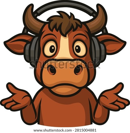 Cow with headphones looking confused while shrugging in a cartoon vector logo design illustration