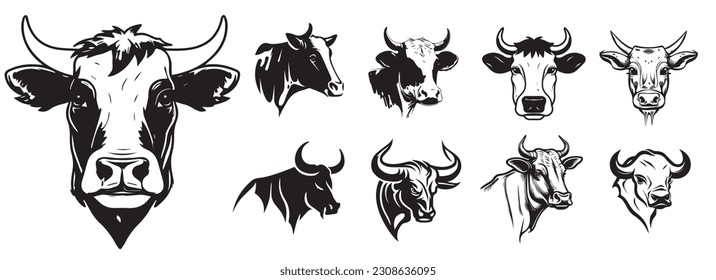 Cow heads vector illustration silhouette shapes