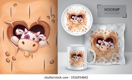 Cow in heart hole - - poster and merchandising. Vector eps 10