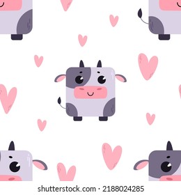 A cow with hearts. Pattern with cute cartoon animals. Kawaii children's print with pets. Vector illustration for fabric, paper, wallpaper, packaging