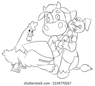 Cow, hen and bunny. Element for coloring page. Cartoon style.