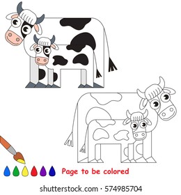 Cow and her baby calf to be colored, the coloring book for preschool kids with easy educational gaming level.