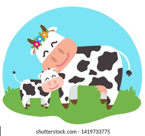 A cow and her calf together on a blue background. Vector.