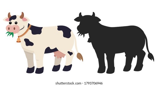 
Cow and her shadow isolated on white background. Vector image. Cow in cartoon style.