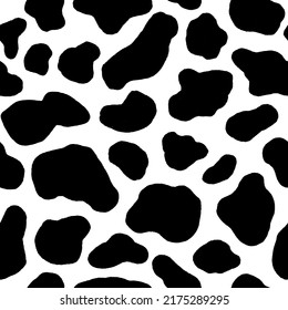 Cow hide seamless pattern. Holstein cattle texture. Cow skin pattern with smooth black and white texture. Dalmatian dog stains print. Black spots background. Animal skin template. Vector illustration. svg