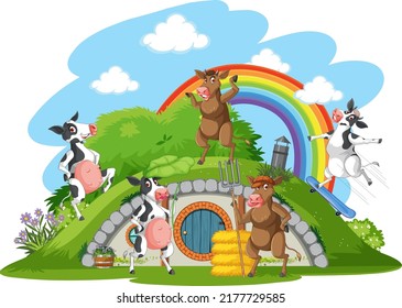 Cow at hobbit house on white background illustration