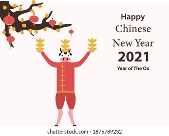 Cow holding gold and wearing cheongsam clothes with text of Happy Chinese New Year 2021 Year of the Ox