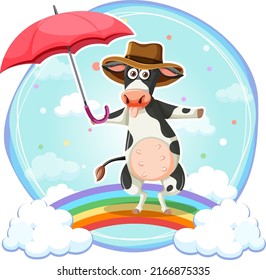 A cow holding umbrella cartoon character illustration