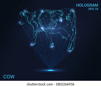 Cow hologram. Holographic projection of a cow. A flickering energy stream of particles. Research design the cow.