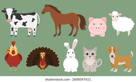 A cow, a horse, a chicken, a turkey, and a rabbit are there