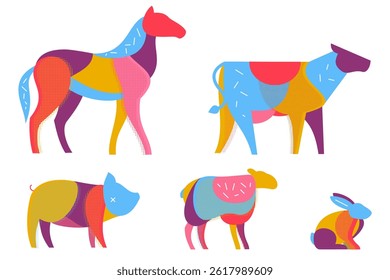 Cow, horse, sheep, rabbit, pig. Farm birds silhouette in modern fashion pop art style. Colorful creative character design. Vivid vector illustration.