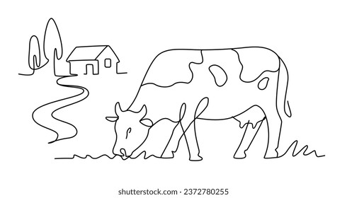 Cow with house line art drawing. Minimalist black linear sketch