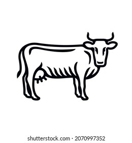 Cow icon. Best for menus of restaurants, cafes, bars and food courts. Black line vector isolated icon on white background. Vintage style.