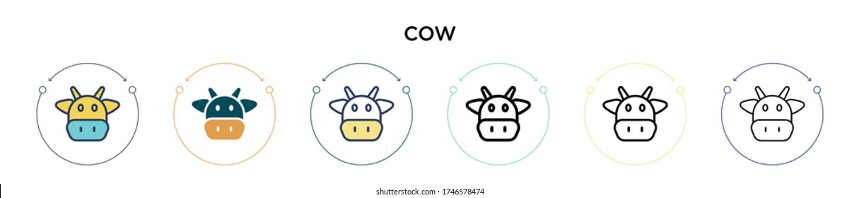 Cow icon in filled, thin line, outline and stroke style. Vector illustration of two colored and black cow vector icons designs can be used for mobile, ui, web
