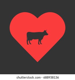 Cow icon flat. Simple pictogram on heart background. Vector illustration symbol