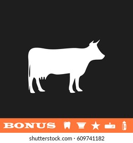 Cow icon flat. White pictogram on black background. Vector illustration symbol and bonus button tooth, vase, star, mirror, bottle