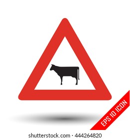 Cow icon. Cow road sign. Vector illustration of triangular sign for rural area traffic sign isolated on white background.