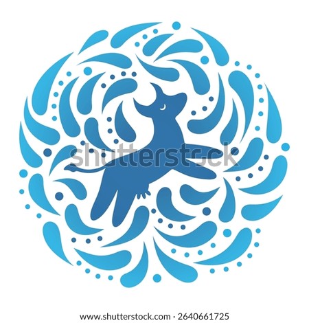 Cow icon in a round frame with dynamic drops. Isolated on white background. Vector illustration.
