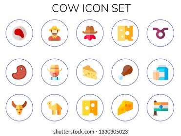 cow icon set. 15 flat cow icons.  Collection Of - steak, farmer, cowboy, cheese, chicken, taurus, milk, bull skull, dromedary, india
