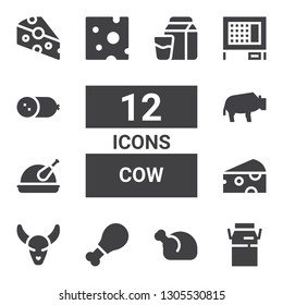 cow icon set. Collection of 12 filled cow icons included Milk, Chicken, Bull skull, Cheese, Bison, Rabbit hutch, Cold meat